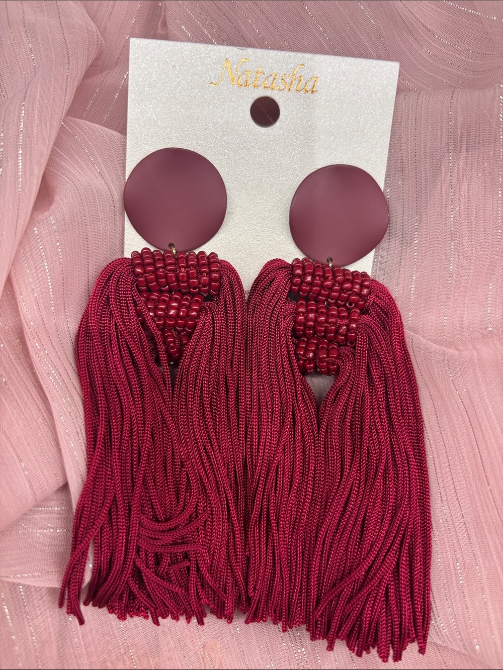 Natasha Couture Wine Red Tassel Beaded Drop Earrings